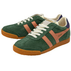 Green trainers with brown soles and tan stripes on a white background