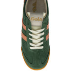 Green trainer with white laces and brown accents on a white background