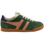 Green trainer with brown accents on a white background