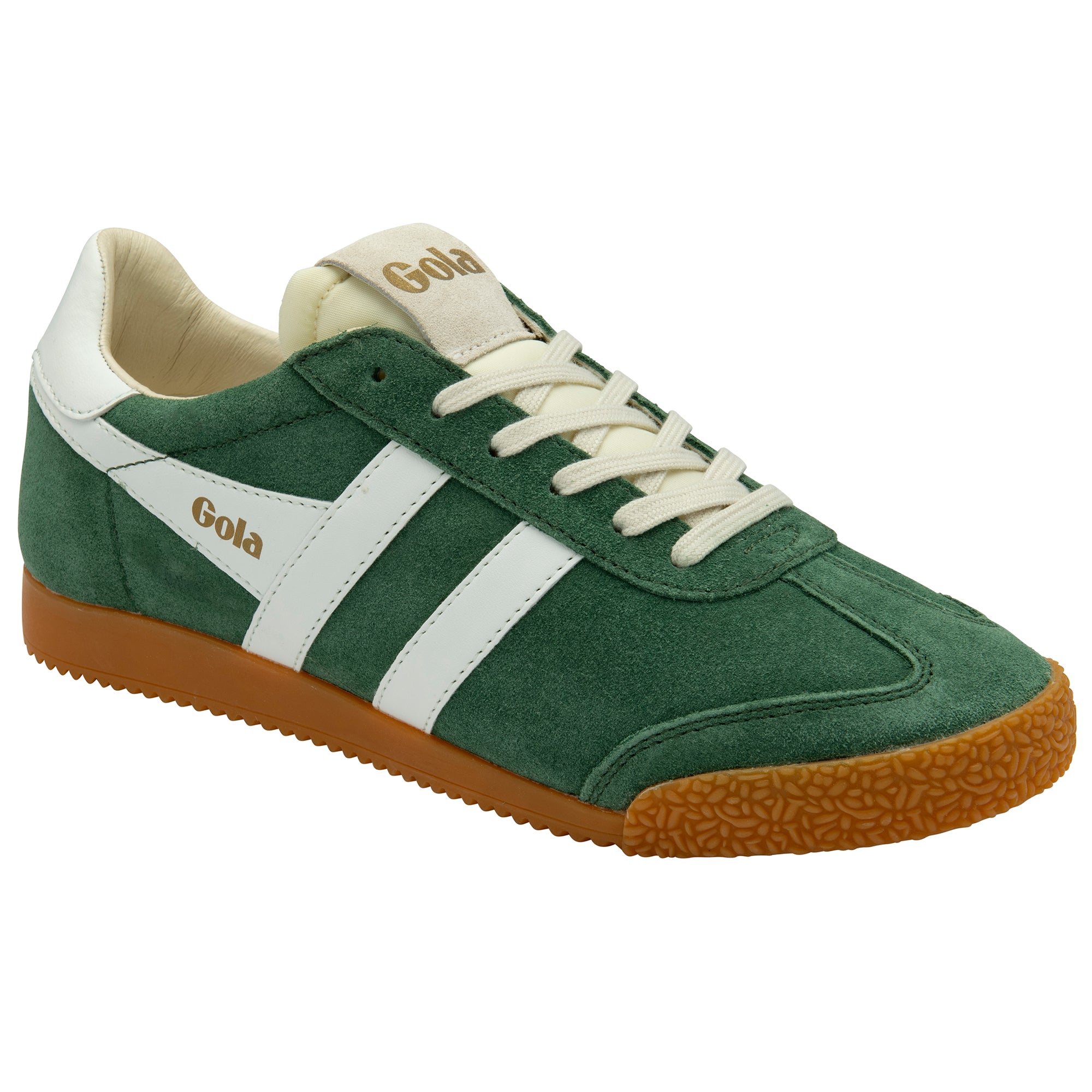 Green trainer with white stripes and brown sole on a white background