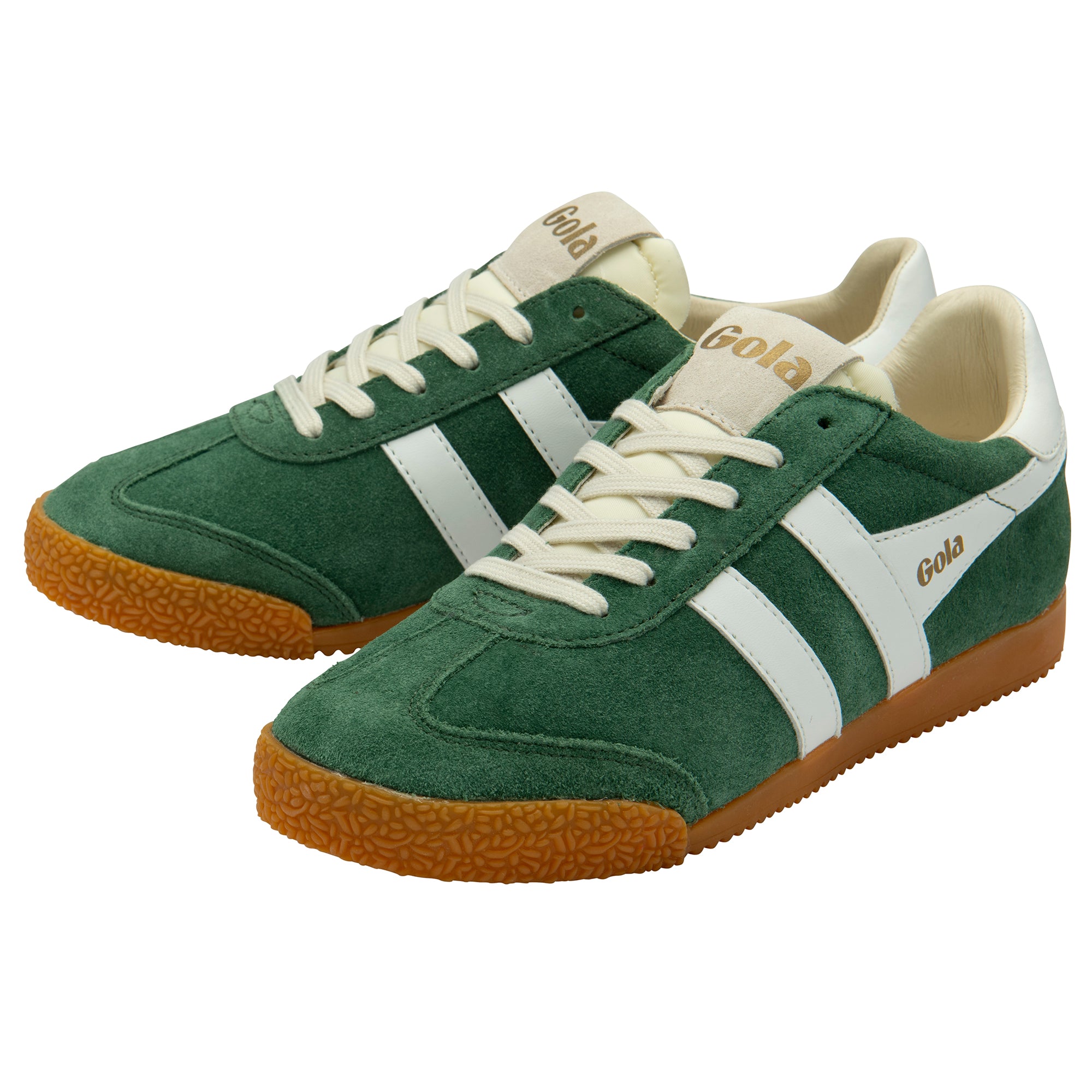 Green trainer with white stripes and brown soles on a white background