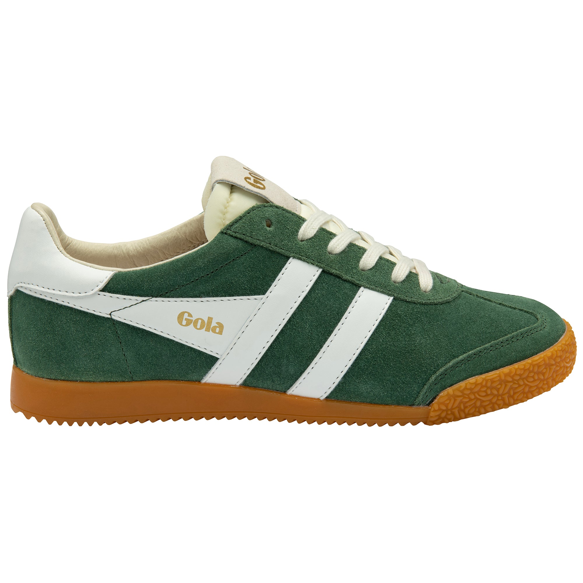 Green and white trainer with brown sole on a white background