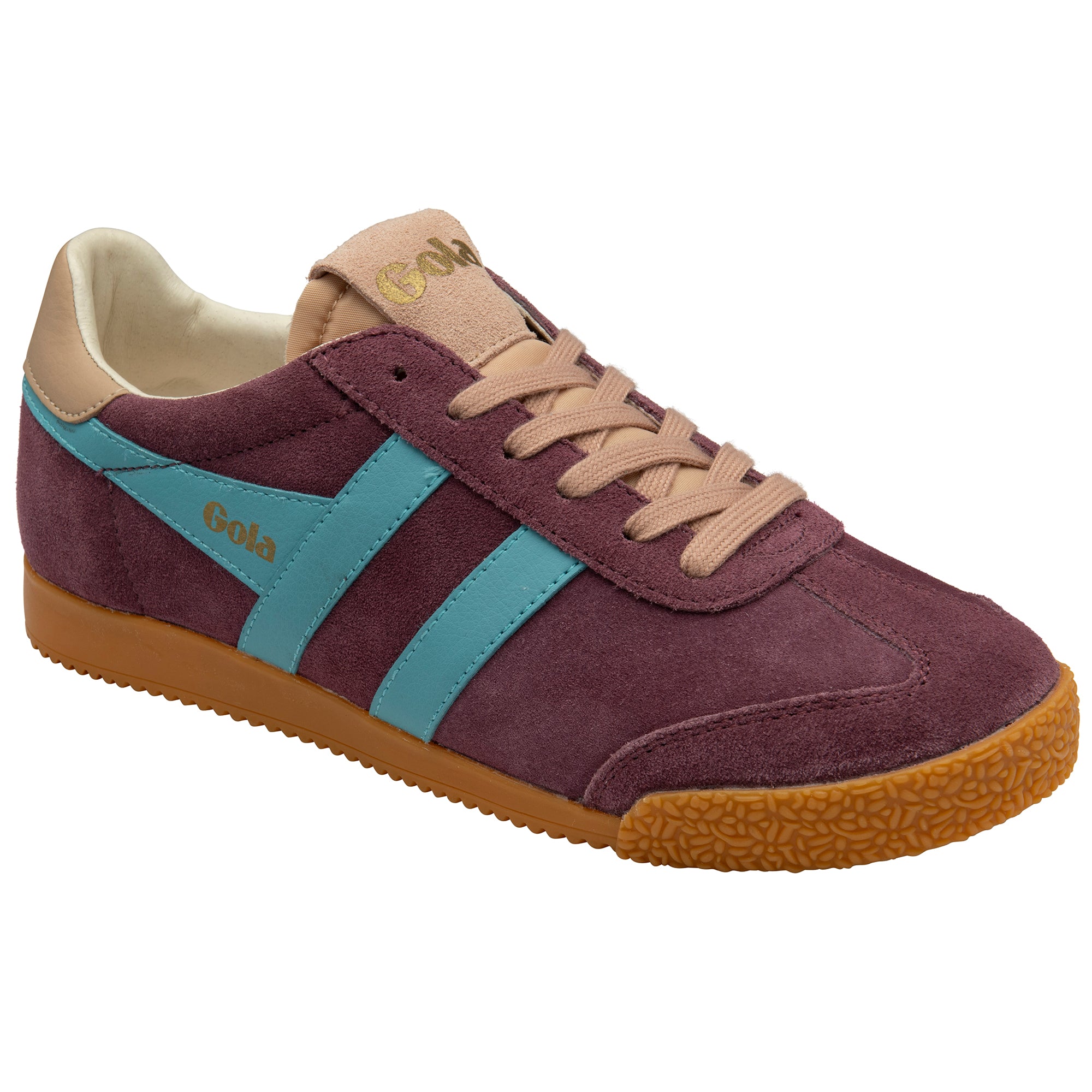 Maroon trainer with blue stripes and tan accents on a white background