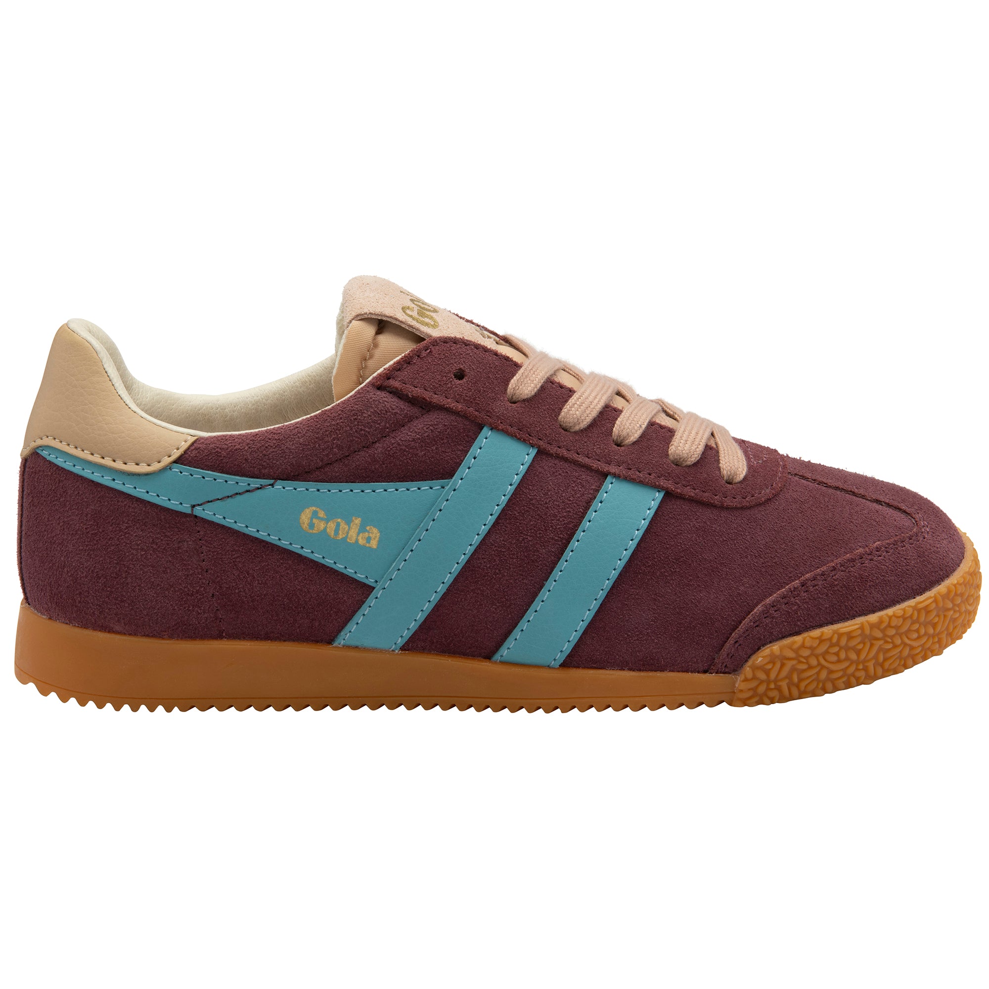 Maroon trainer with blue stripes and tan accents on a white background