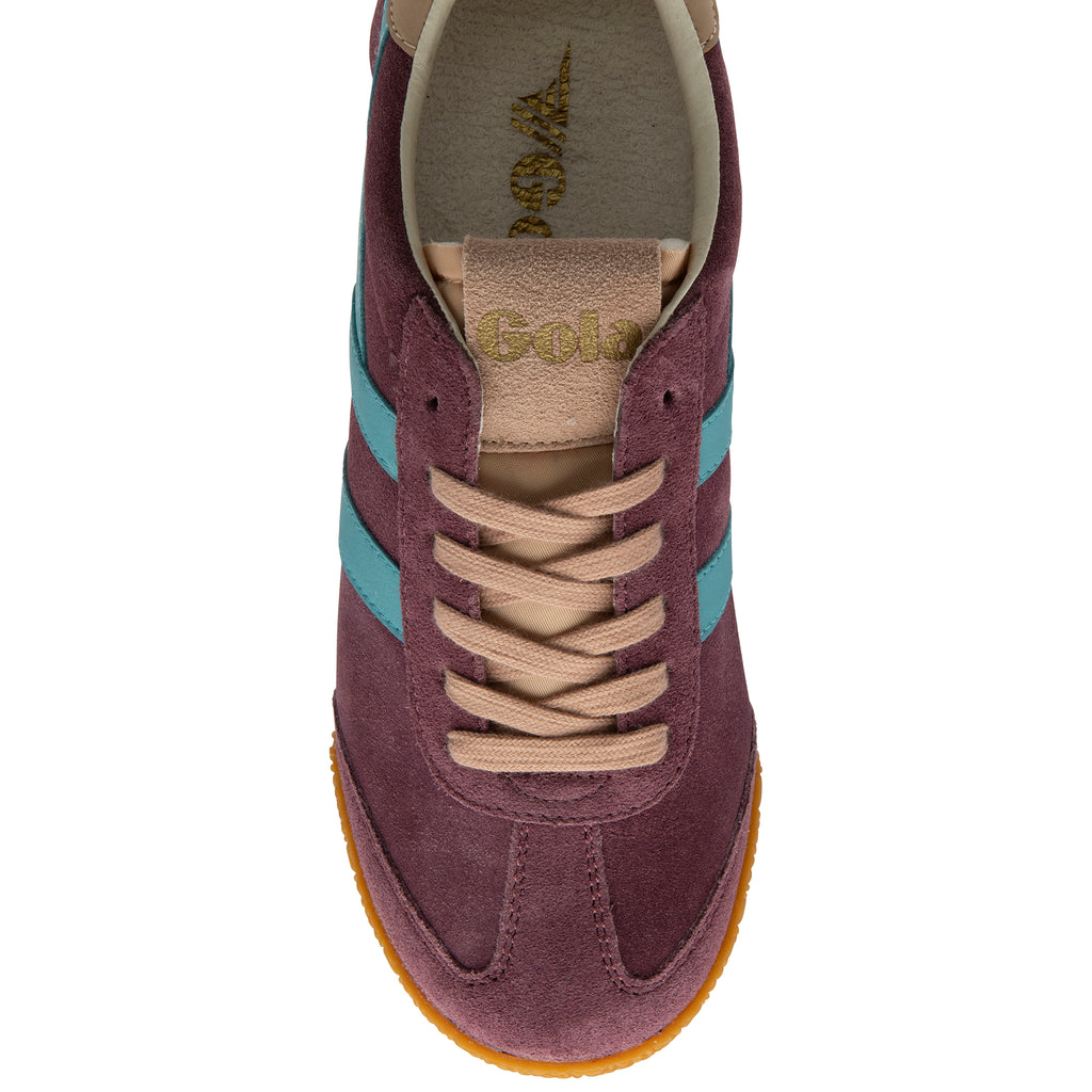 Maroon trainer with blue stripes and tan laces on a white background