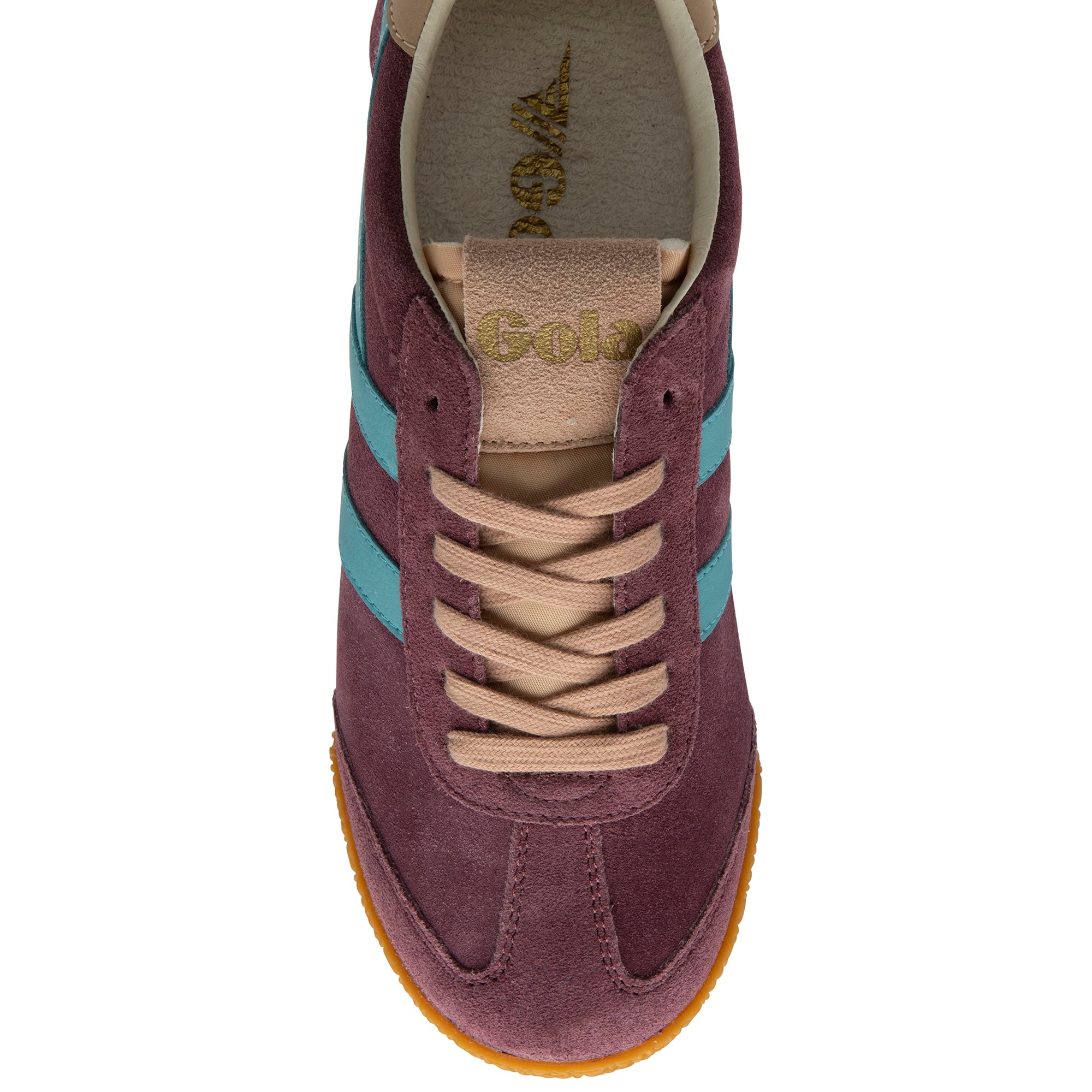 Maroon trainer with blue stripes and tan laces on a white background