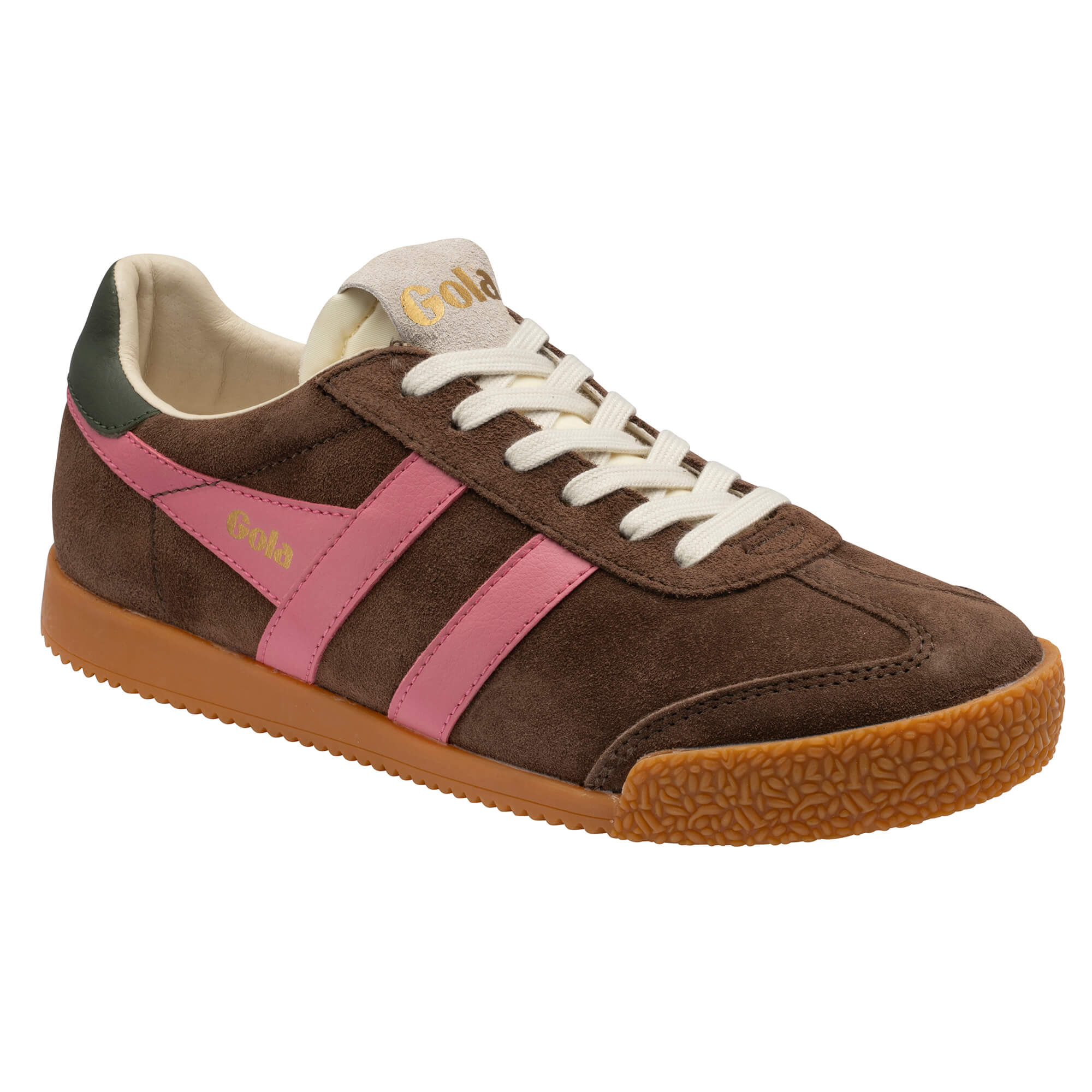 Gola women's trainer in brown suede with pink stripes and white laces