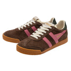 Pair of Gola Harrier trainers in brown suede with pink stripes and a gum sole