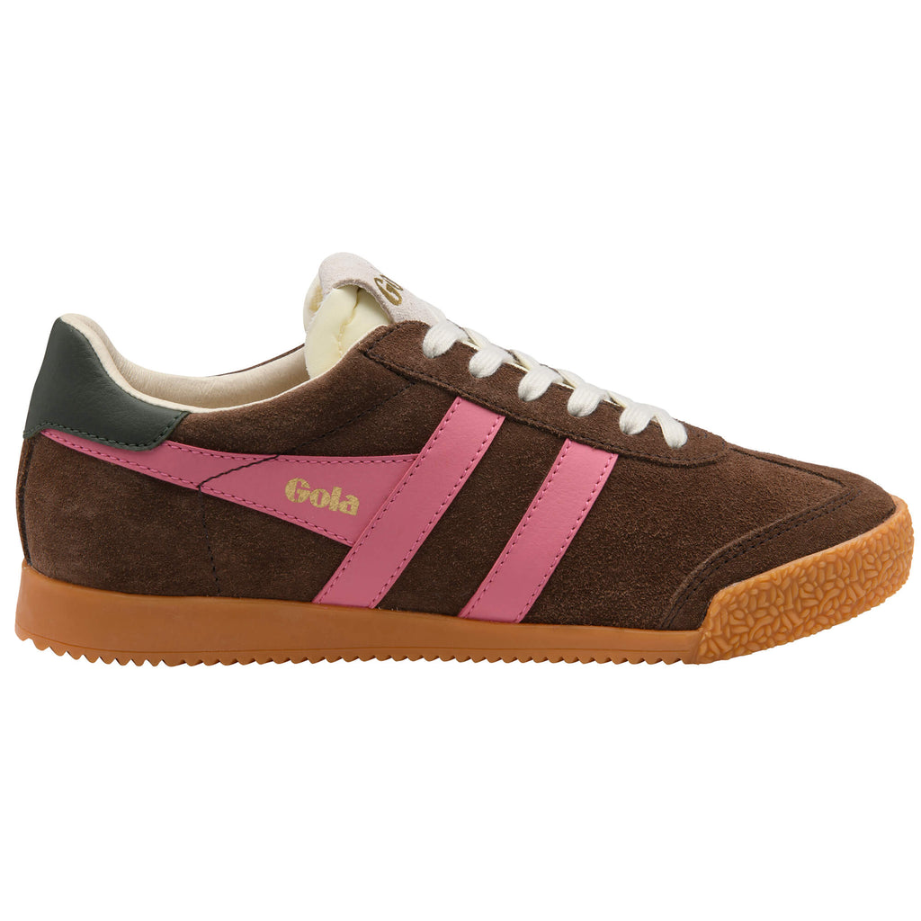 Gola Harrier suede trainers in brown with pink stripes and a gum sole