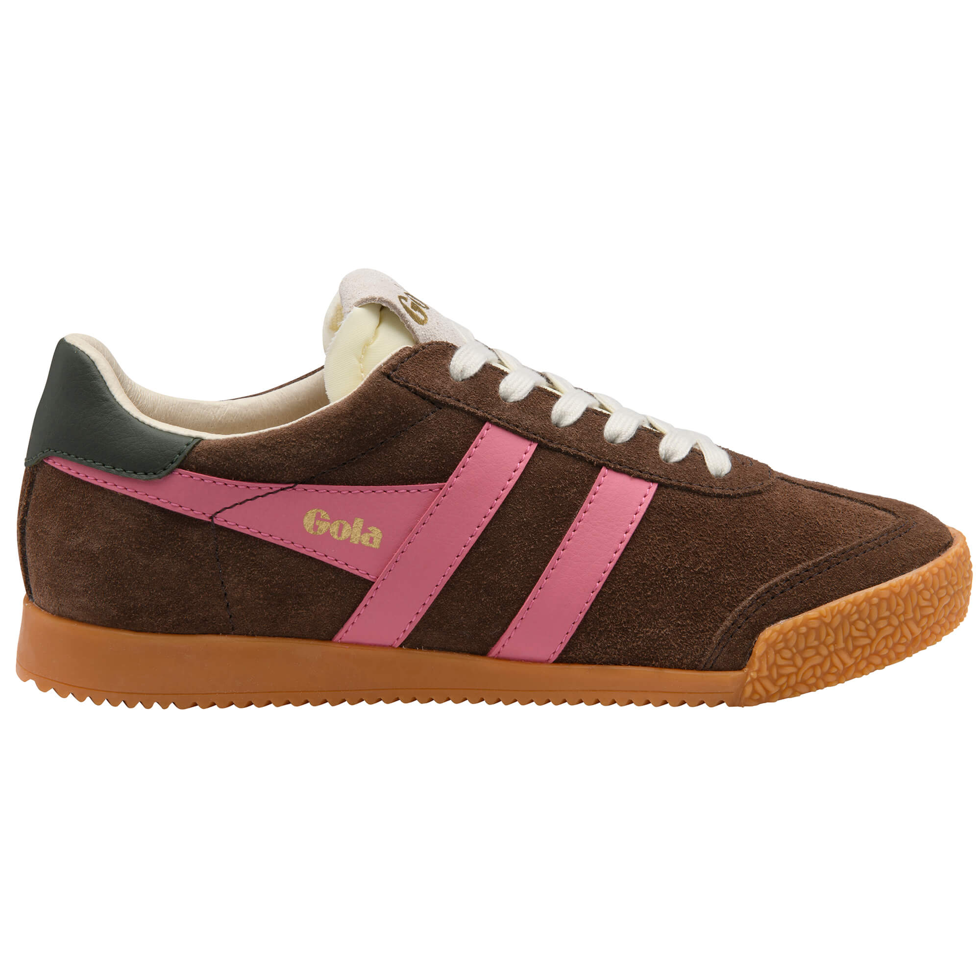 Gola Harrier suede trainers in brown with pink stripes and a gum sole