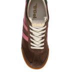 Brown suede Gola trainer with pink stripes and white laces