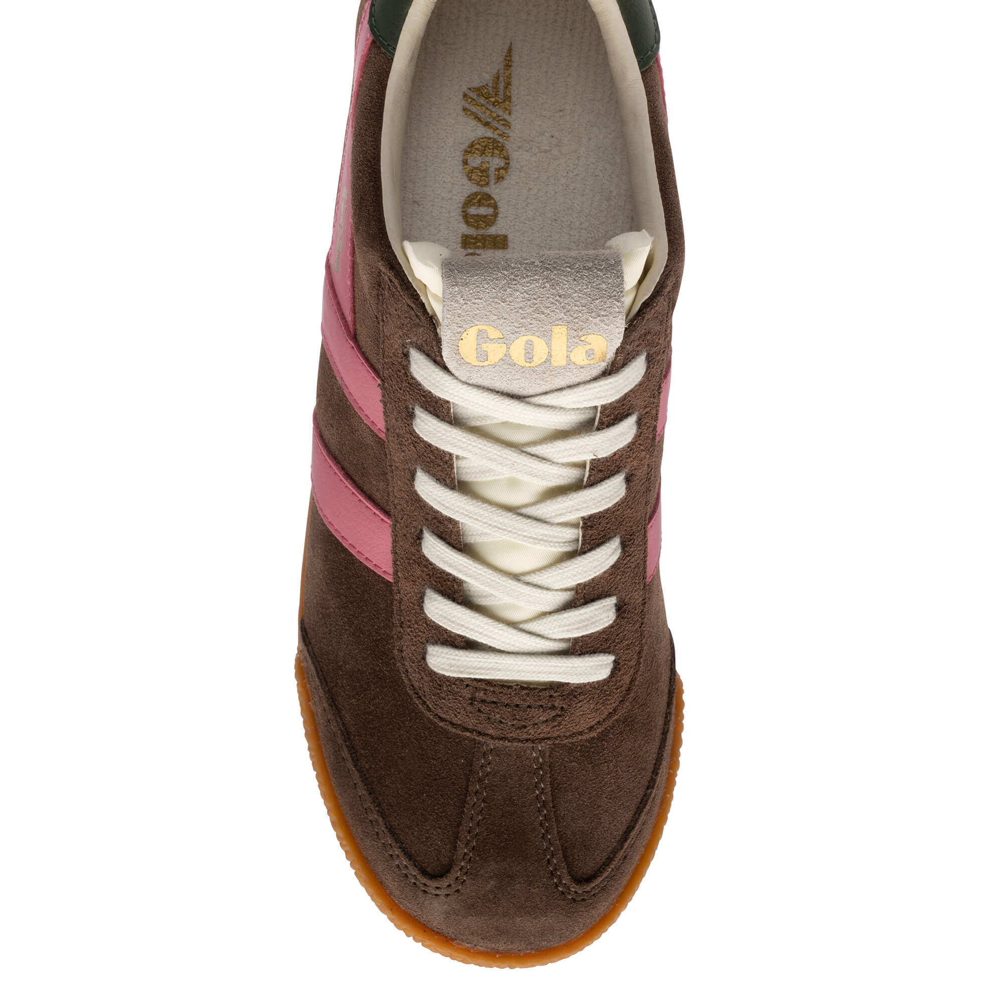 Brown suede Gola trainer with pink stripes and white laces