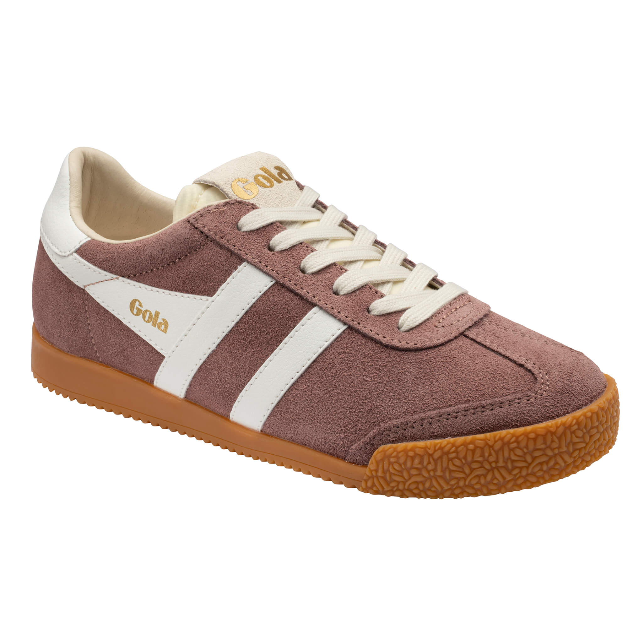 Gola Harrier suede trainers in dusty rose with white stripes and gum sole