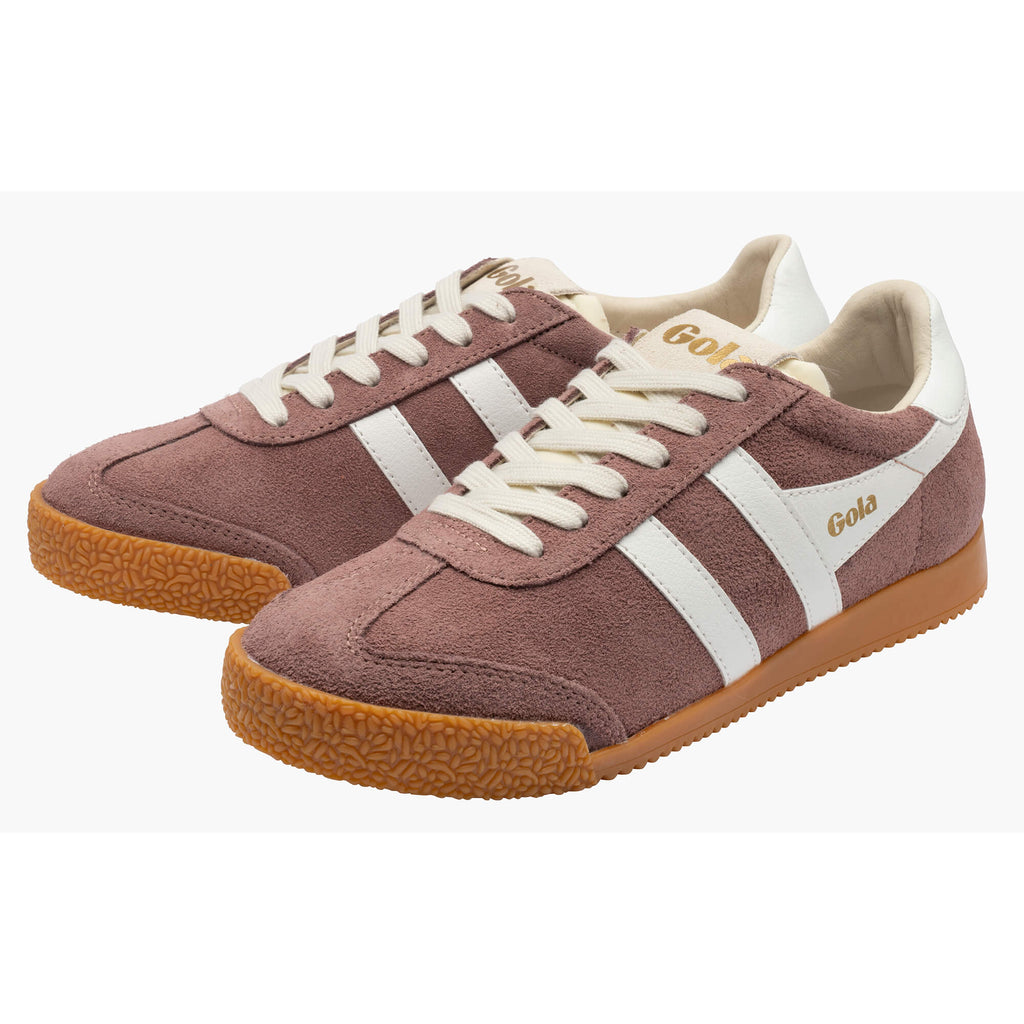 Pair of Gola Harrier trainers in dusky pink suede with white stripes and gum sole