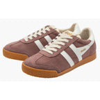 Pair of Gola Harrier trainers in dusky pink suede with white stripes and gum sole