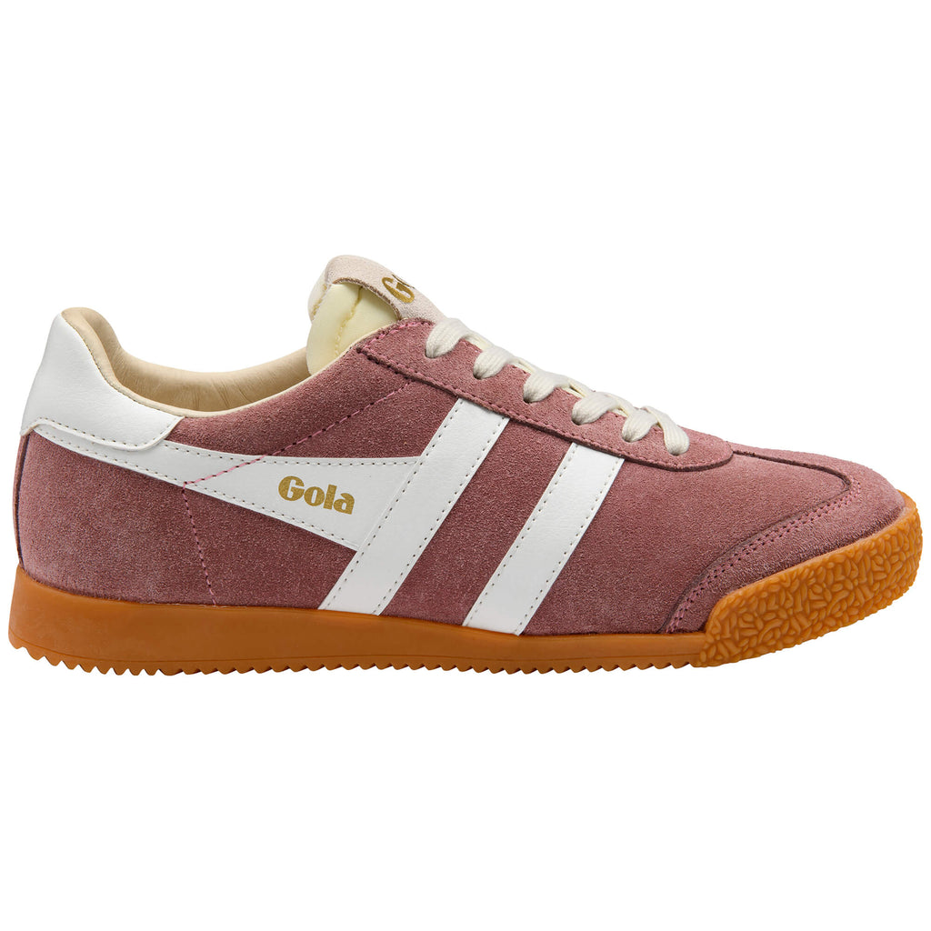 Gola Harrier suede trainer in dusky pink with white stripes and gum sole
