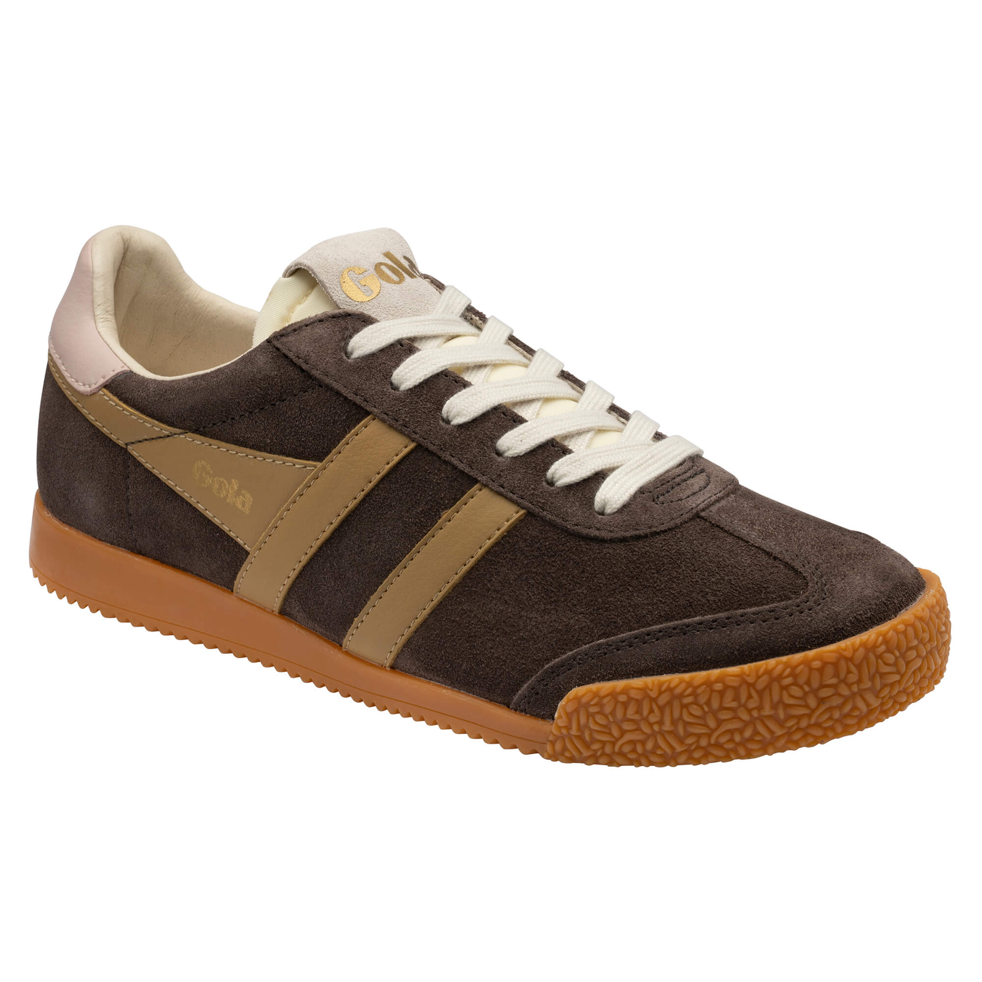 Gola Harrier suede trainers in dark brown with tan stripes and a gum sole