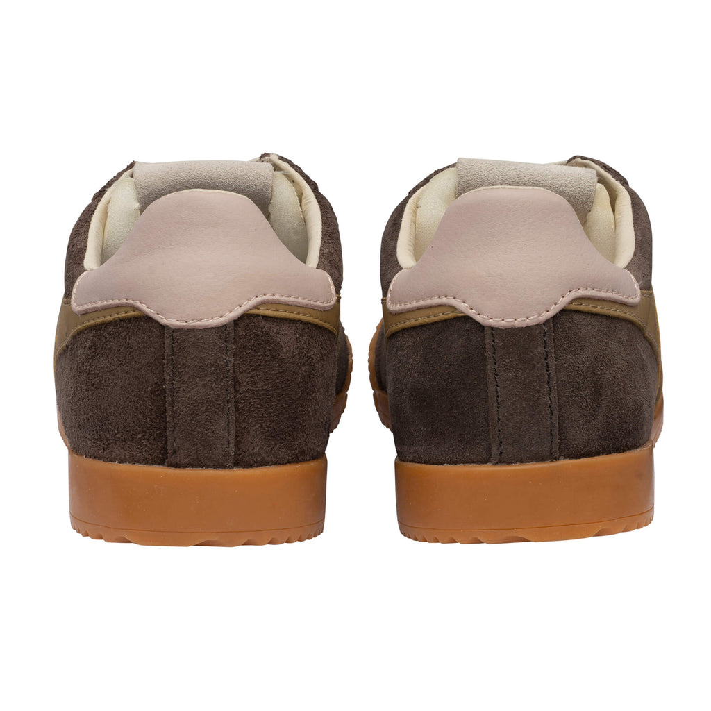 Pair of brown suede trainers with tan soles, rear view