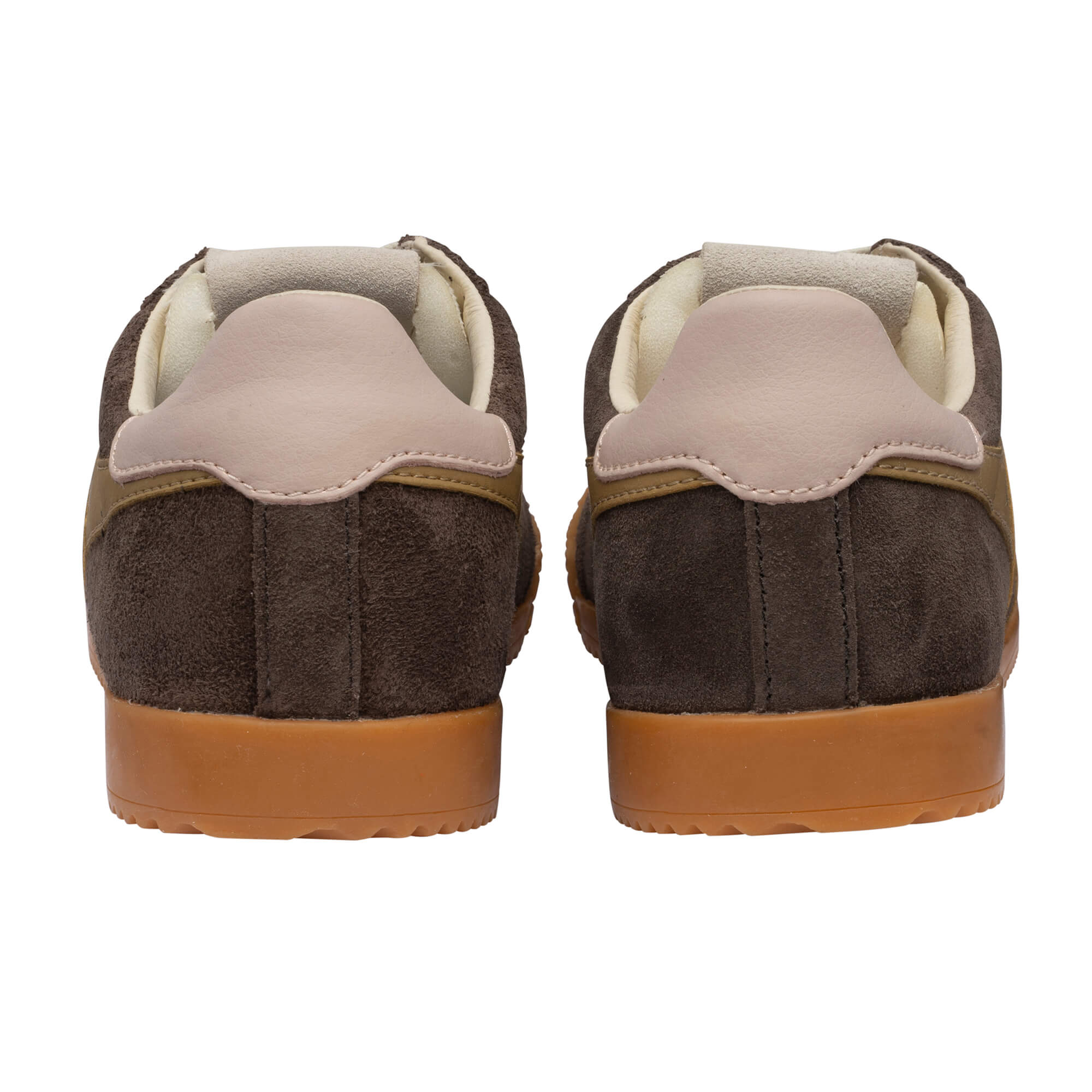 Pair of brown suede trainers with tan soles, rear view