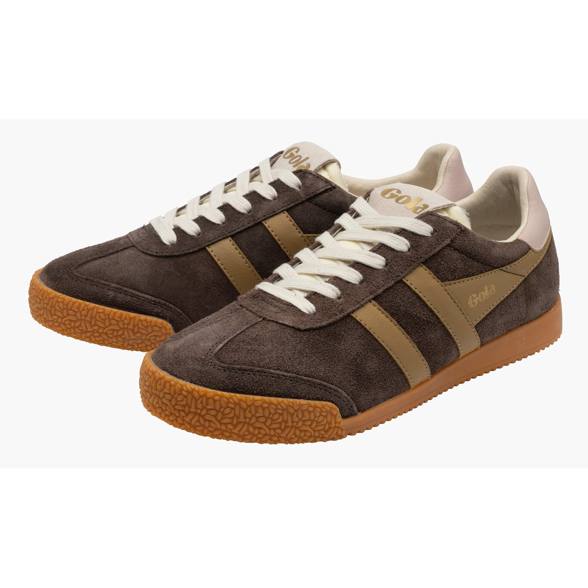 Pair of Gola Harrier trainers in dark brown suede with tan stripes and gum sole