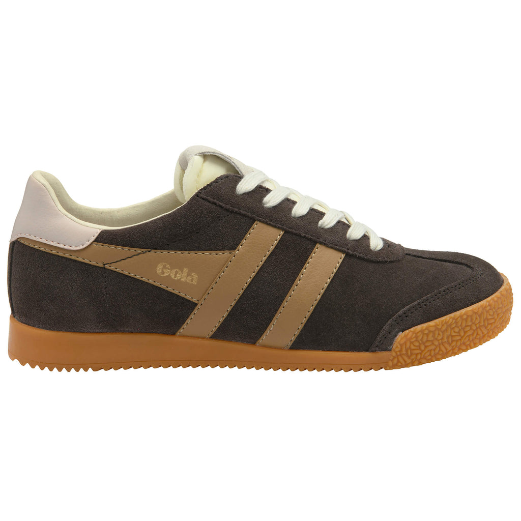 Gola Harrier suede trainers in dark brown with tan stripes and gum sole