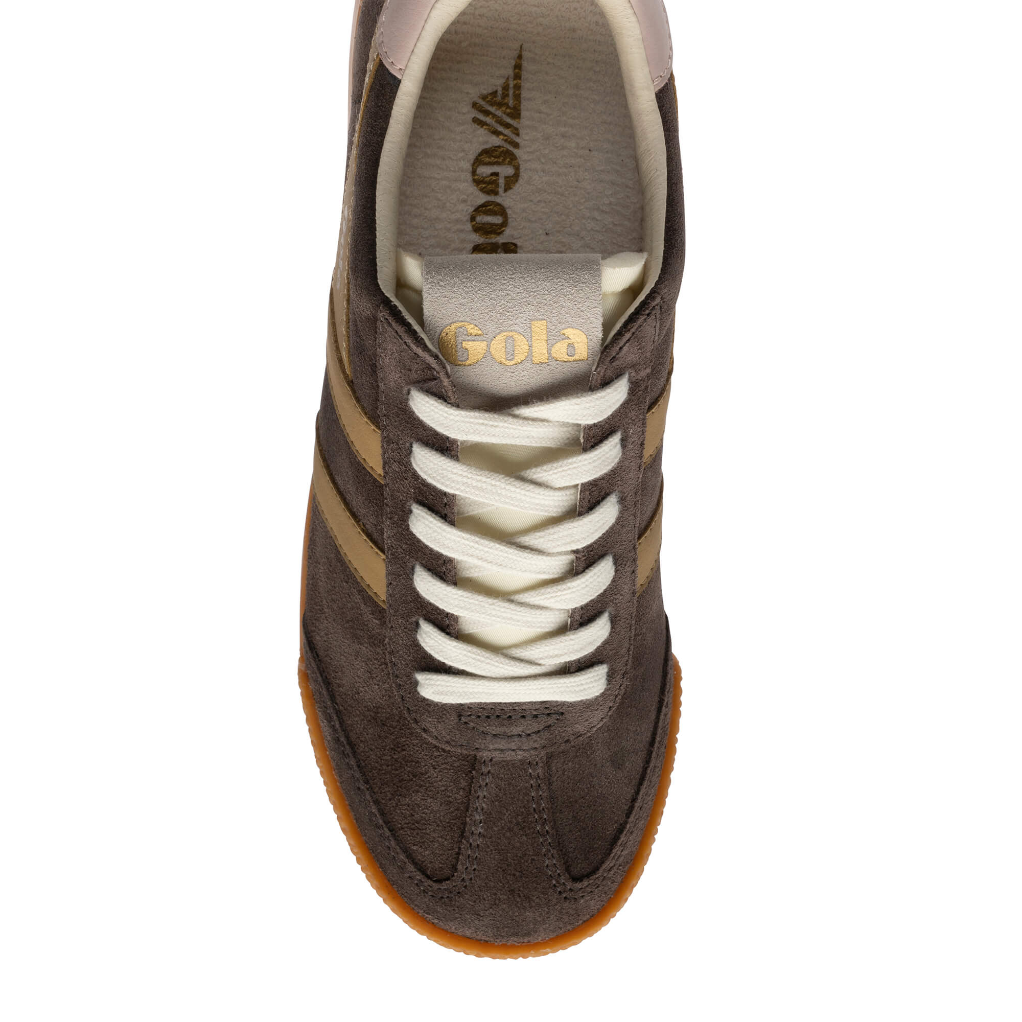 Brown Gola Harrier trainers with gold stripes and white laces