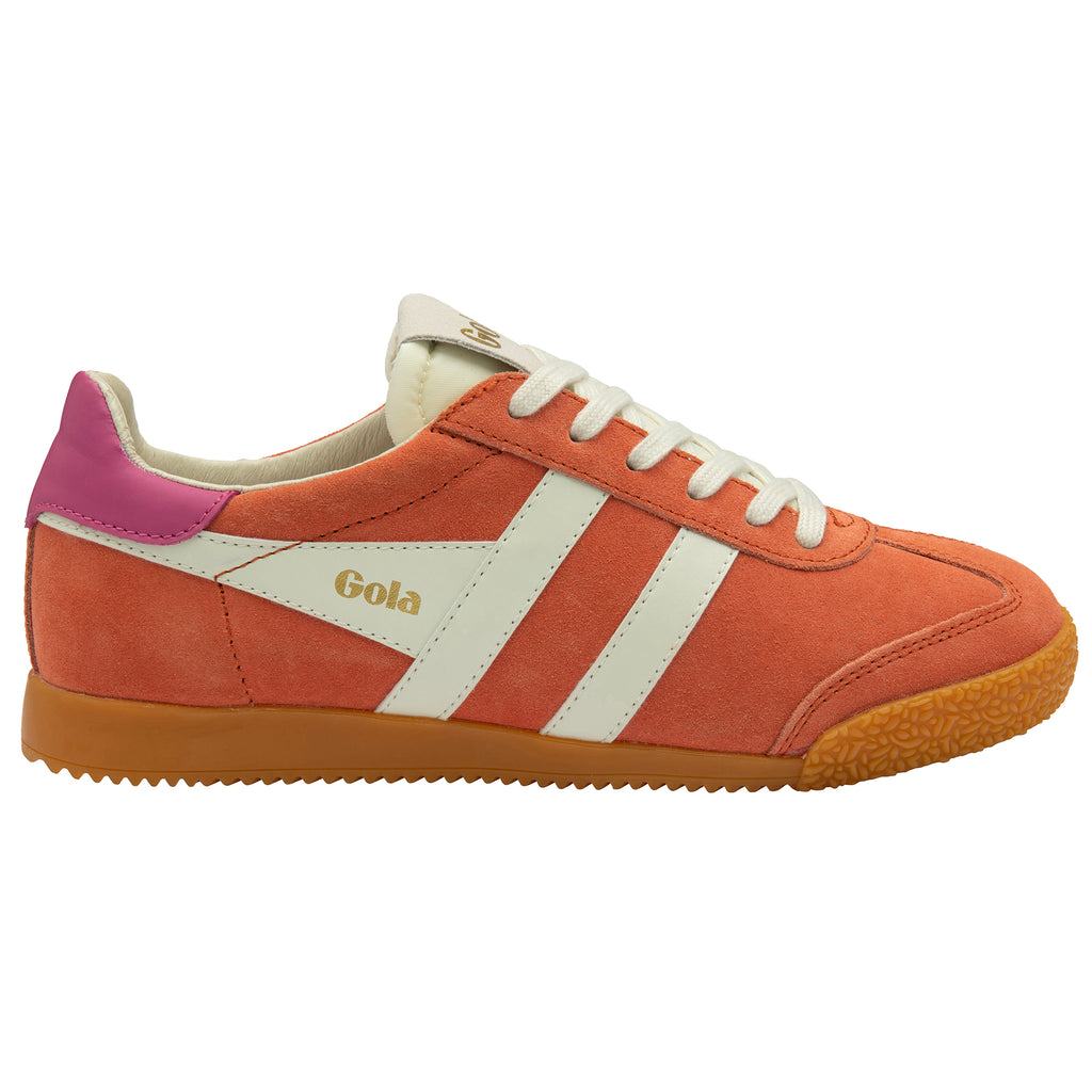 Orange trainer with white stripes and a brown sole on a white background