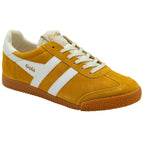 Yellow trainer with white stripes and laces on a white background