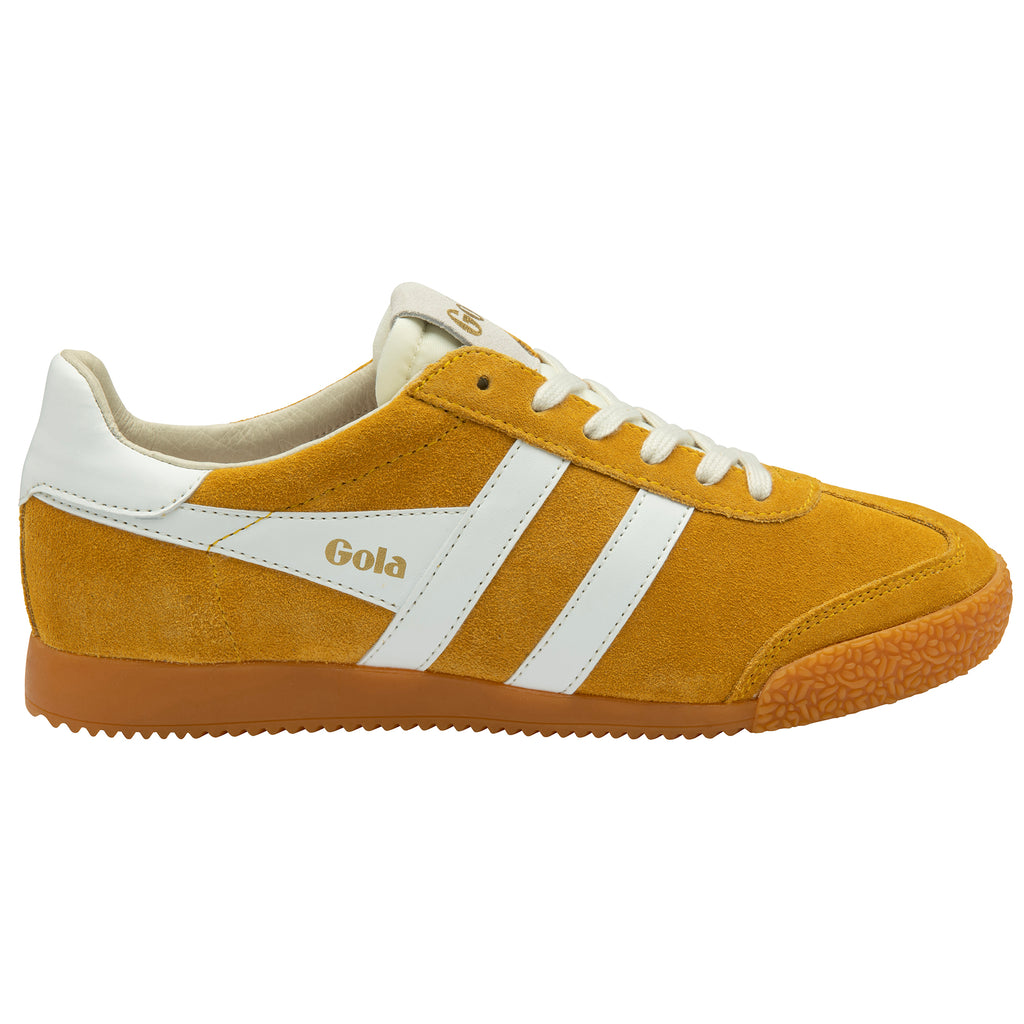 Yellow trainer with white stripes and 'Gola' branding on a white background