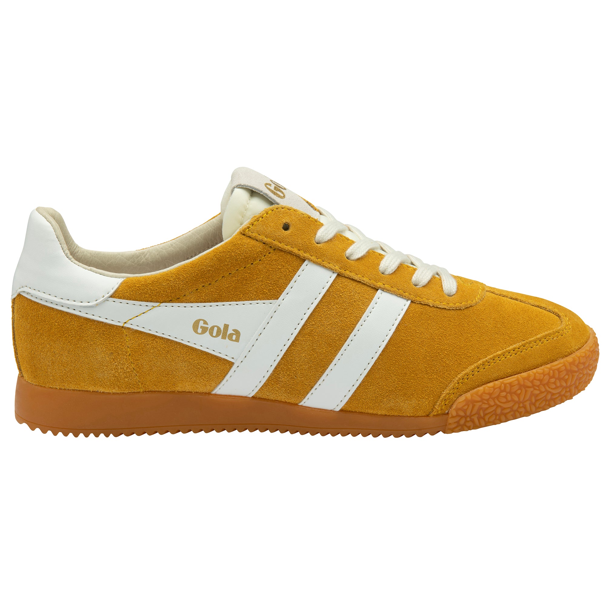 Yellow trainer with white stripes and 'Gola' branding on a white background