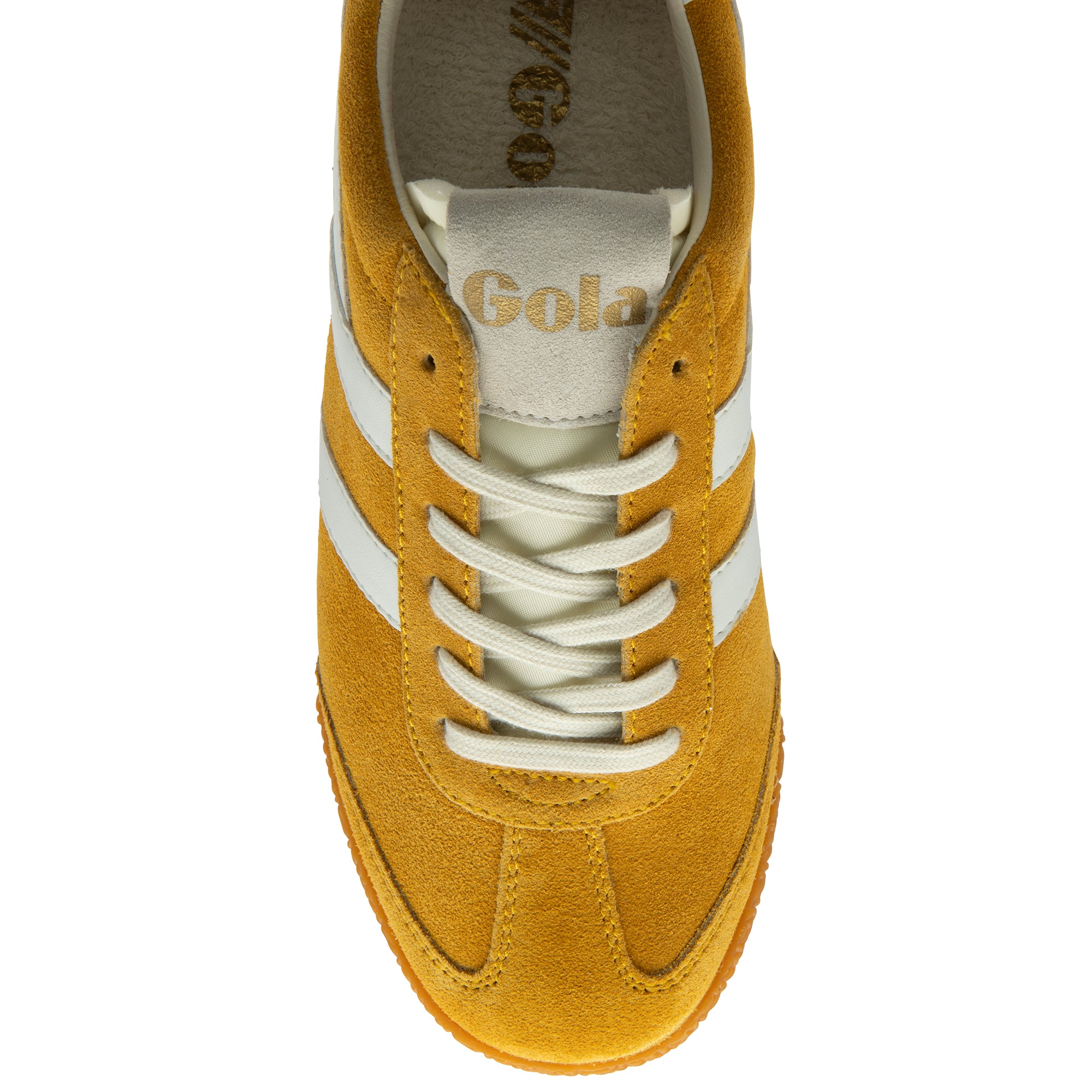 Yellow trainer with white laces and visible Gola branding on a white background