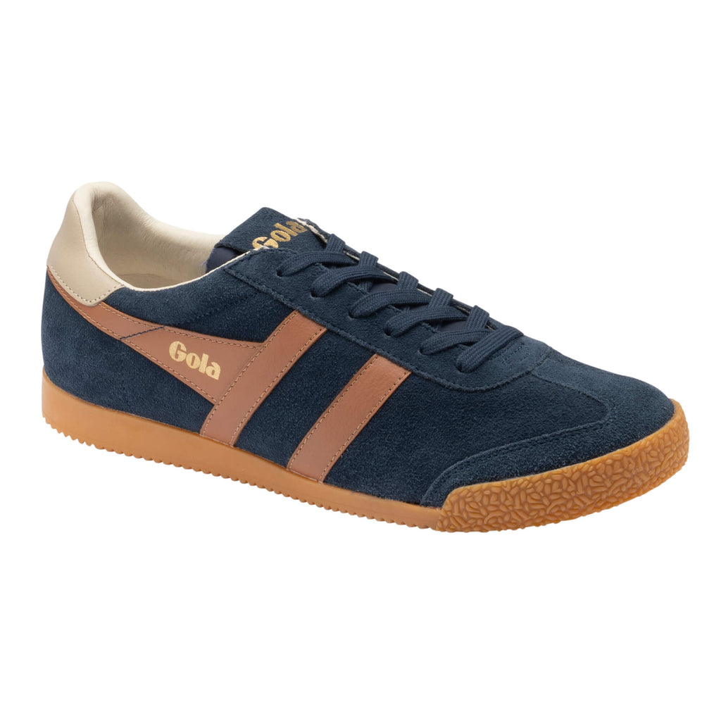 Gola Harrier trainer in navy suede with tan stripes and gum sole