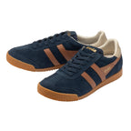 Pair of Gola Harrier trainers in navy blue suede with tan leather stripes and gum soles