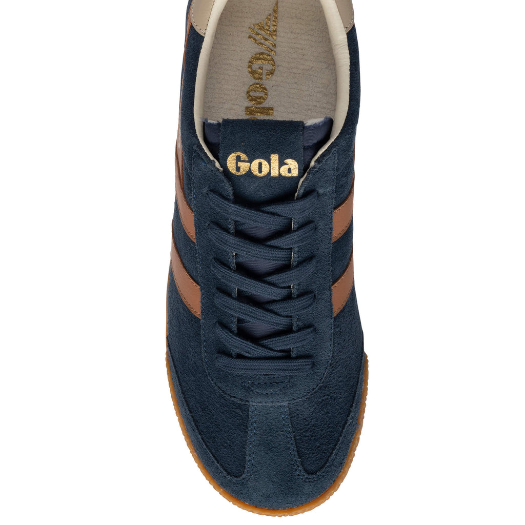 Gola Harrier suede trainers in navy with tan stripes and gum sole