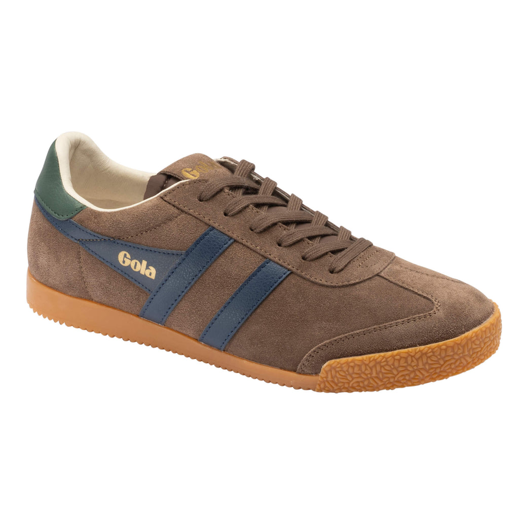Brown suede trainer with blue stripes and green heel tab
