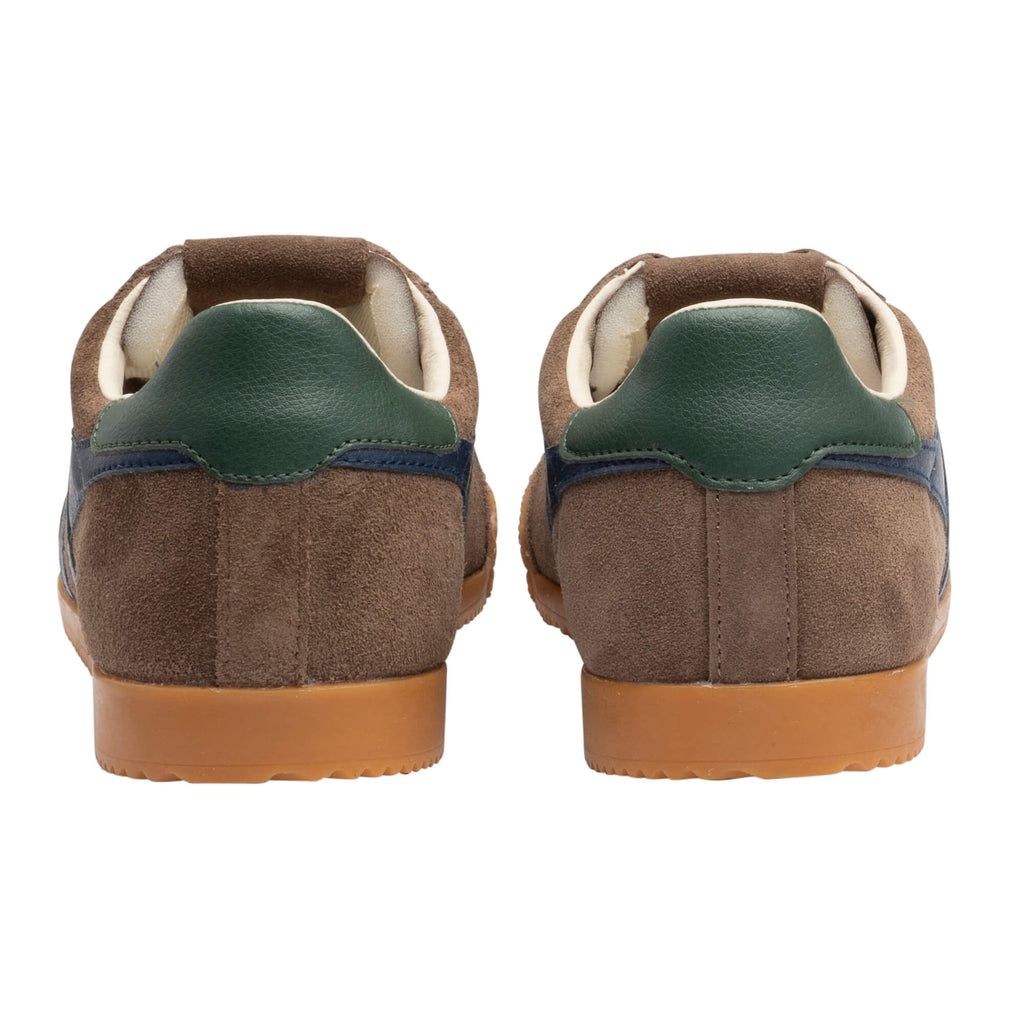 Pair of brown suede trainers with green heel tabs and gum soles, rear view