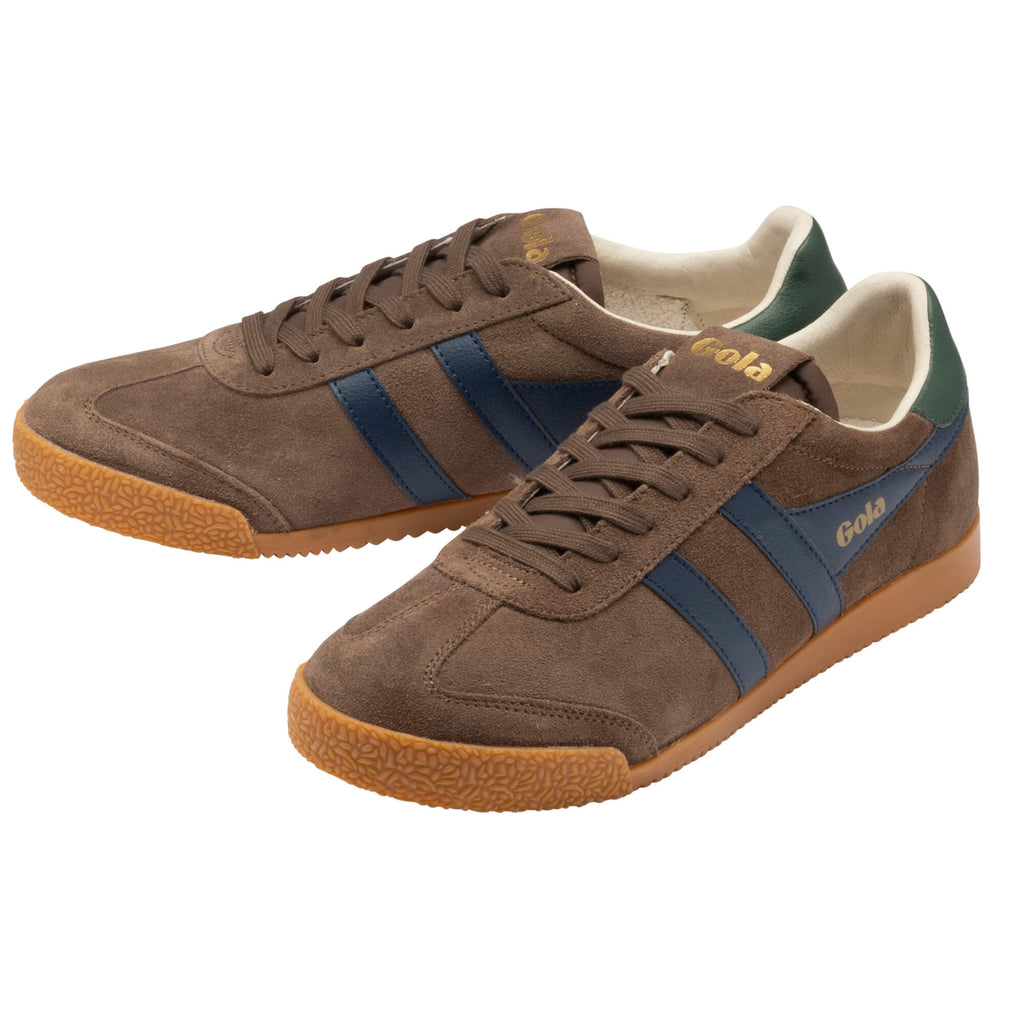 Pair of Gola Harrier trainers in brown suede with blue stripes and green heel tab