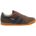 Gola Harrier suede trainers in brown with navy stripes and a green heel tab