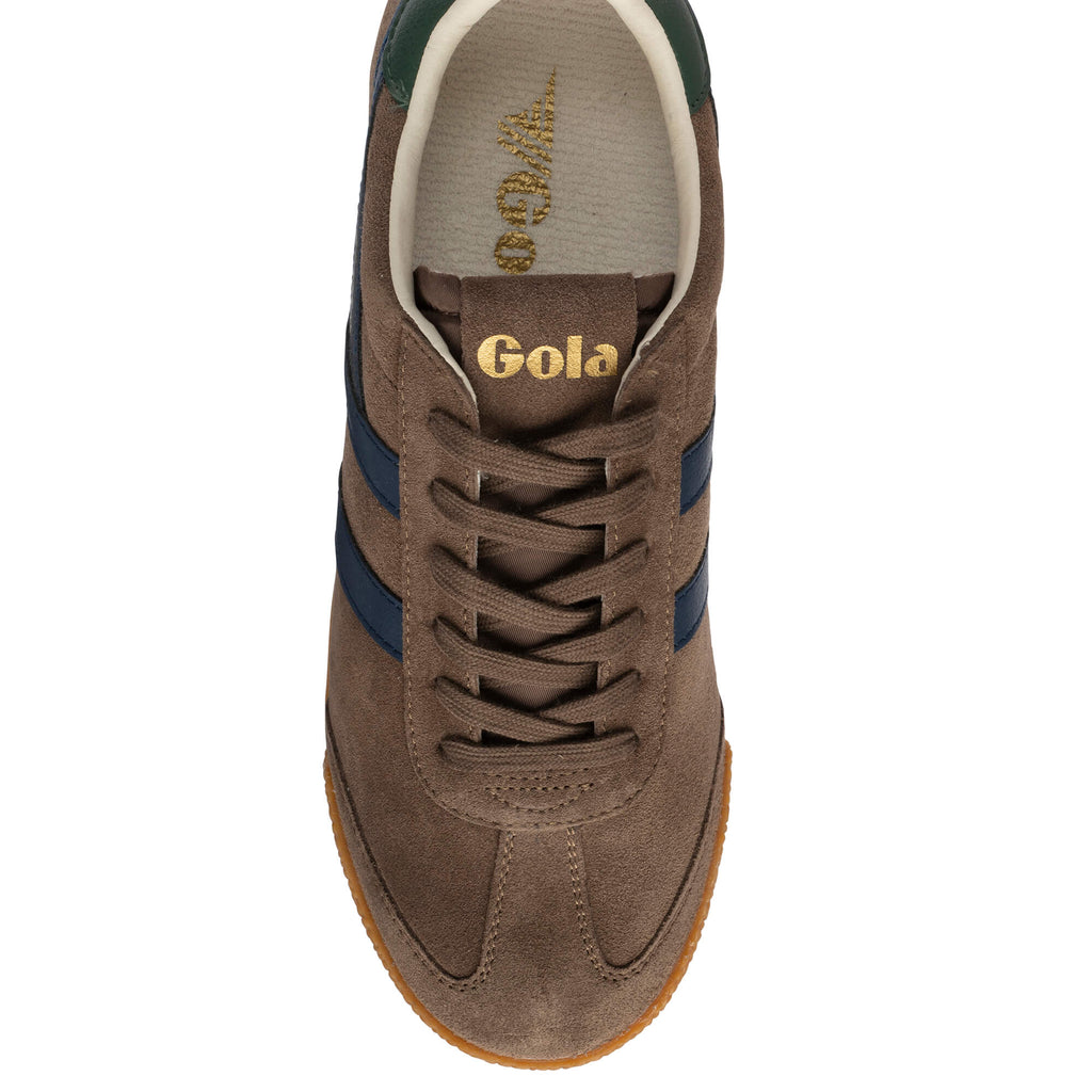 Top-down view of a brown suede Gola trainer with navy stripes and a gum sole