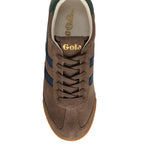Top-down view of a brown suede Gola trainer with navy stripes and a gum sole