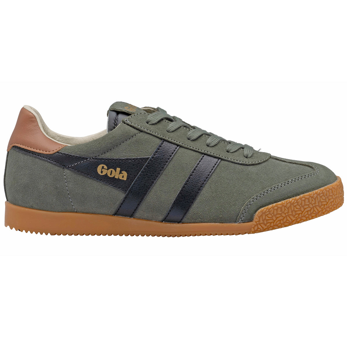 Gola Classics olive green suede trainer with black side stripes and gum sole