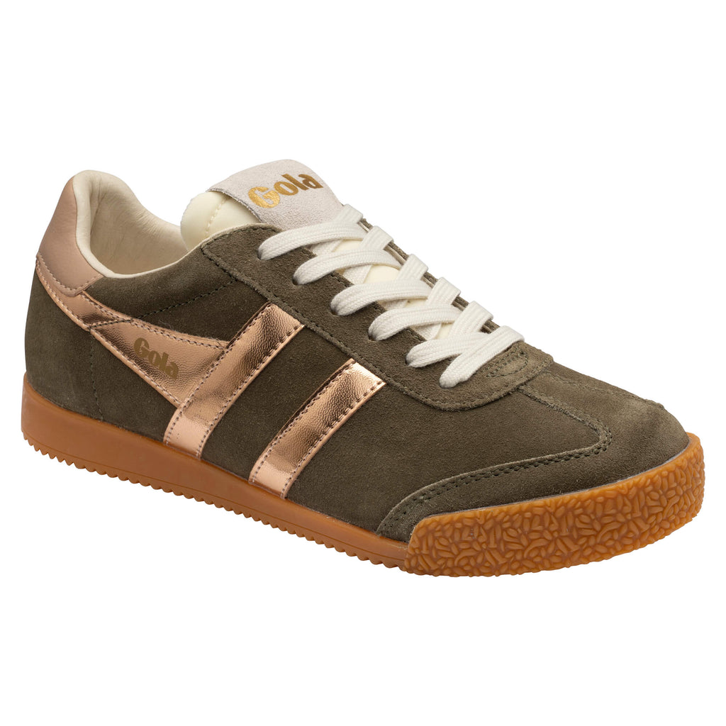Gola women's trainer in khaki suede with rose gold stripes and a gum sole
