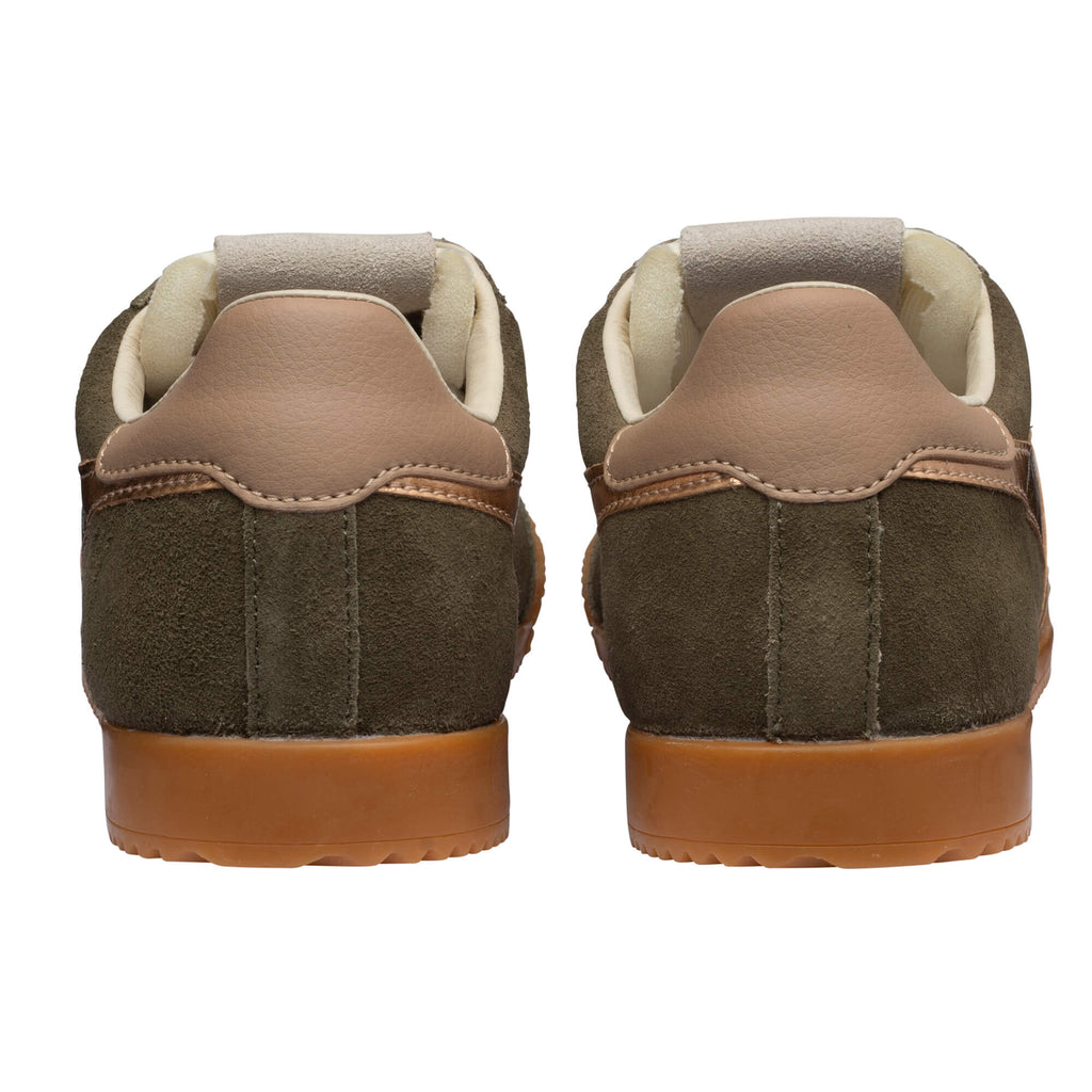 Rear view of two khaki suede trainers with tan leather accents and brown rubber soles