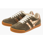 Pair of Gola Harrier trainers in khaki suede with rose gold stripes and gum sole