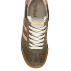 Top-down view of a Gola trainer in khaki suede with rose gold stripes and white laces