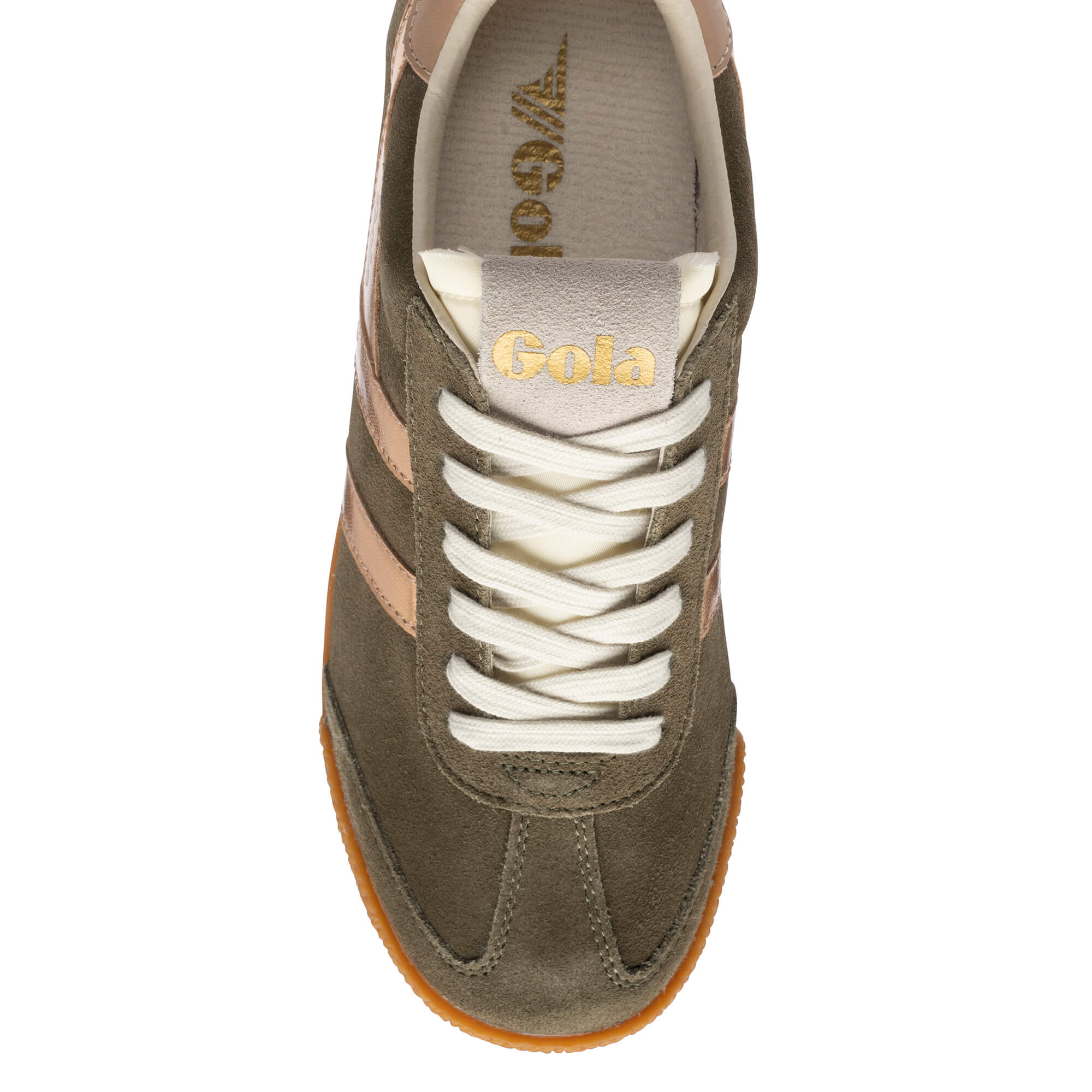 Top-down view of a Gola trainer in khaki suede with rose gold stripes and white laces