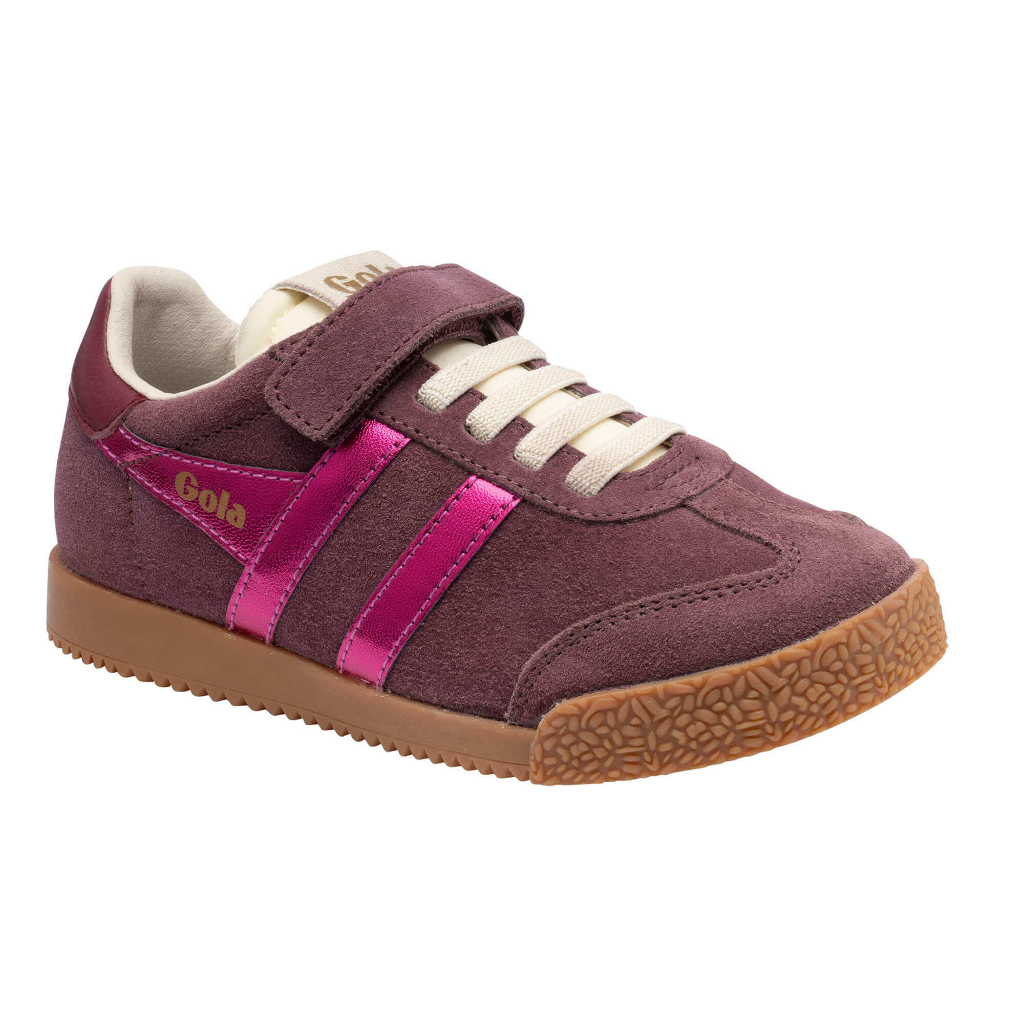 Gola Kids Coaster trainers in plum with pink metallic stripes and a tan sole