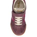 Top-down view of a Gola Coaster trainer in plum suede with pink stripes and cream laces