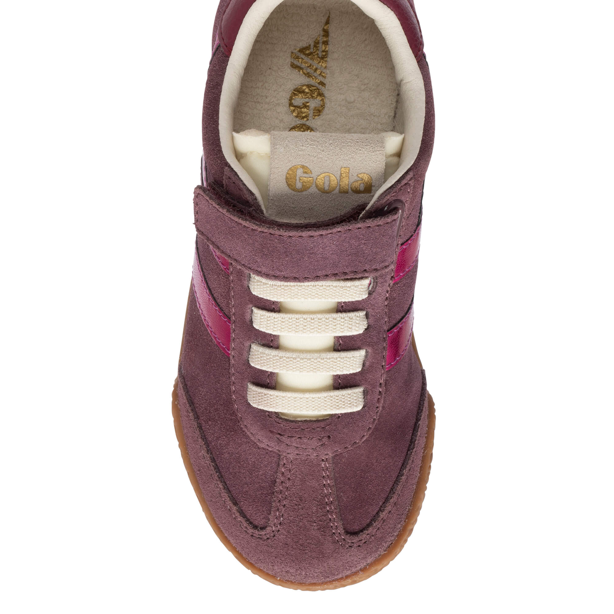 Top-down view of a Gola Coaster trainer in plum suede with pink stripes and cream laces