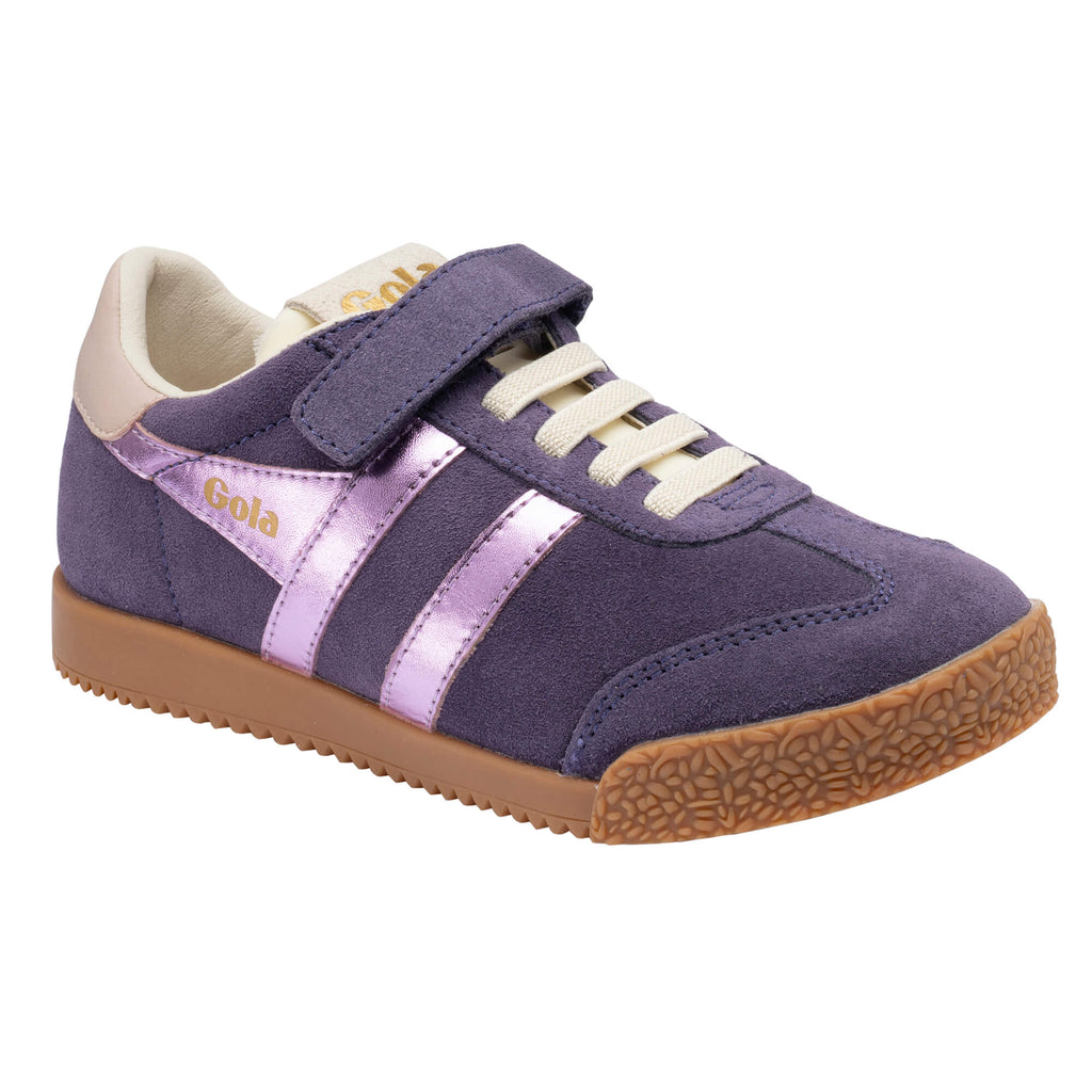 Gola Kids Coaster trainers in purple suede with pink metallic stripes and a gum sole